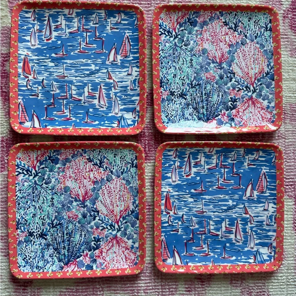 NWOB Lilly Pulitzer Set of 4 Square Melamine Plates Boatylicious Sway With Me